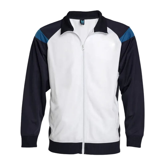 A white, navy, and blue athletic zip-up jacket with a stand-up collar, shown on a plain white background.
