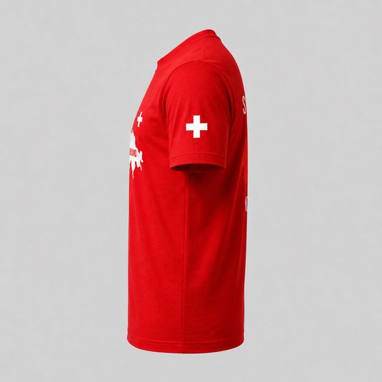 Side view of red Switzerland fan t-shirt with white Swiss cross on the sleeve