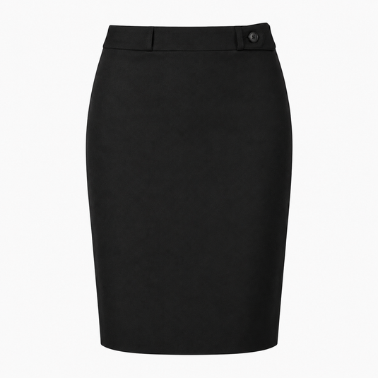 A black knee-length pencil skirt with a structured waistband and a single button detail on the right side, shown against a plain white background.