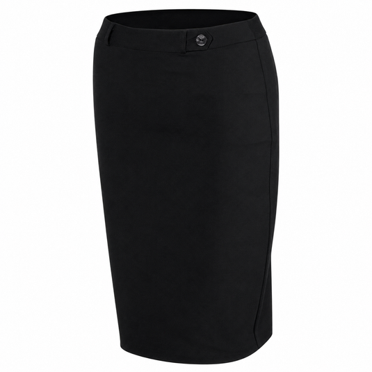 A black knee-length pencil skirt with a button closure at the waistband, shown on a plain white background.
