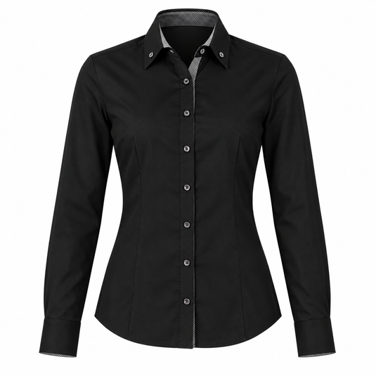 A black long-sleeve button-down shirt with a pointed collar, shown on a white background.