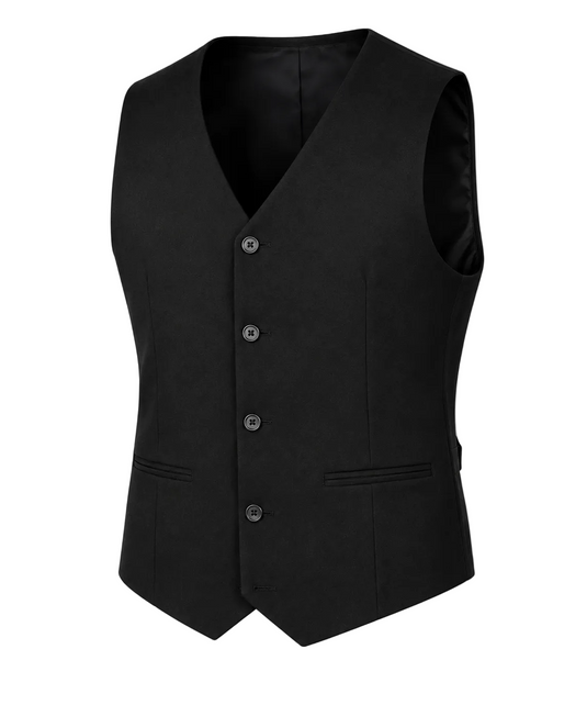 A black men's waistcoat vest with a V-neck, four-button front closure, and two front welt pockets, shown on a neutral gray background.