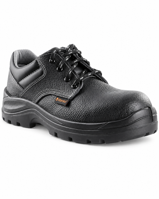 A black textured leather safety shoe with a thick black sole, black laces, and a small orange 'Safeway' brand tag on the side, shown against a plain white background.