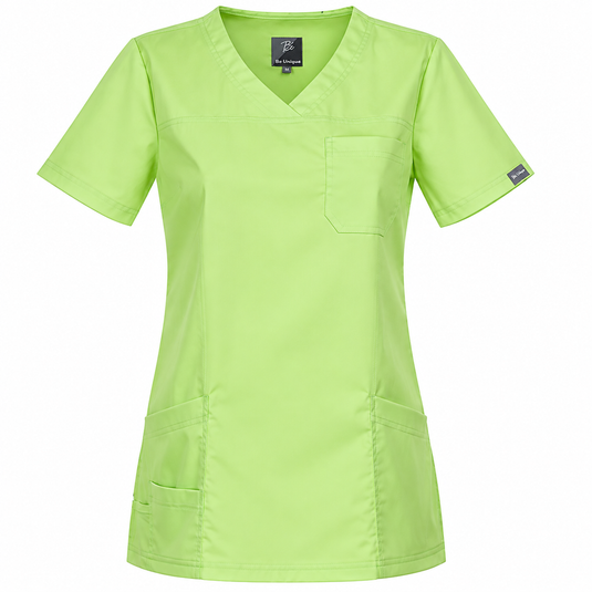 A bright lime green V-neck scrub top with short sleeves, a chest pocket, and two lower front pockets, shown on a plain white background.
