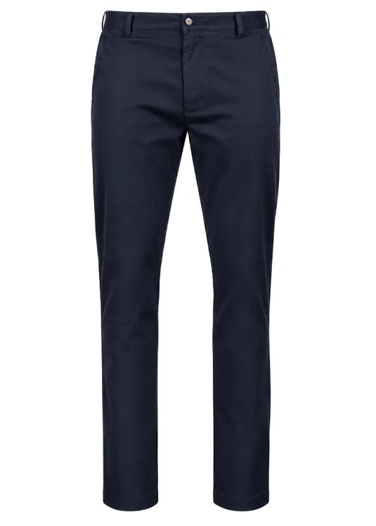 A pair of dark navy blue straight-leg trousers shown on a clean white background.