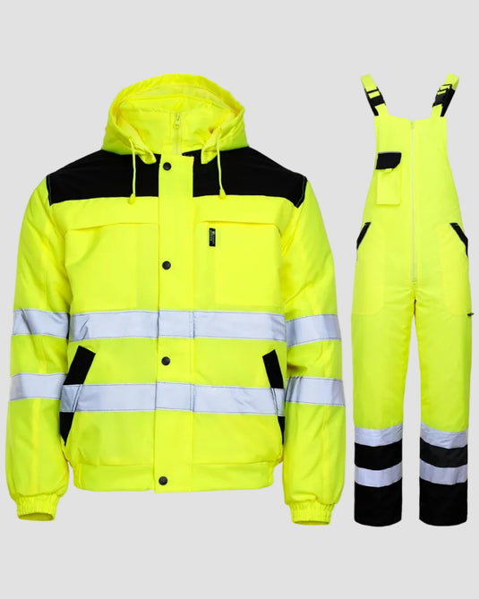 A high-visibility winter set consisting of a jacket with a hood and bib pants, both featuring reflective strips. The set is fluorescent yellow with black accents.
