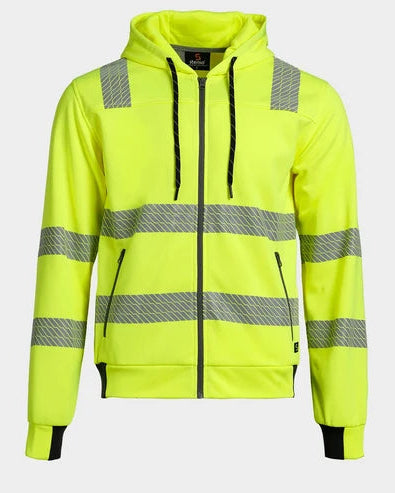 A high-visibility neon yellow zip-up hoodie with reflective gray stripes on the chest, shoulders, and arms, black drawstrings, and black ribbed cuffs and hem, shown against a light gray background.