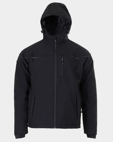 A black hooded softshell jacket with a full front zipper, zippered chest pocket, and side zip pockets, shown on a light gray background.