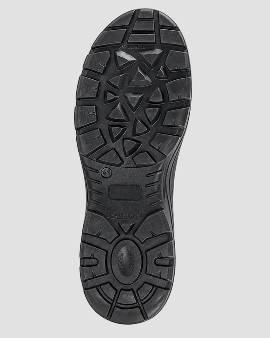 A close-up, top-down view of a black rubber shoe sole with a complex tread pattern, set against a neutral gray background.