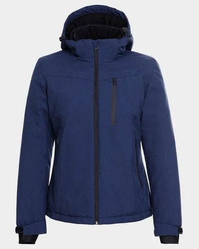 Blue jacket with a hood on a light gray background