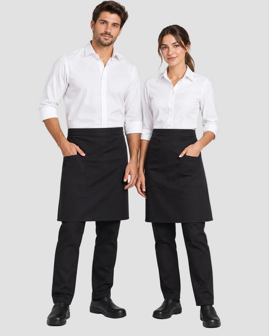 A man and a woman standing side by side in a studio, both wearing white long-sleeve button-up shirts, black pants, and black waist aprons with front pockets.