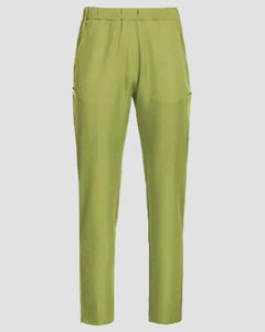 A pair of slim-fit trousers in a muted olive green color, shown flat against a light gray background.