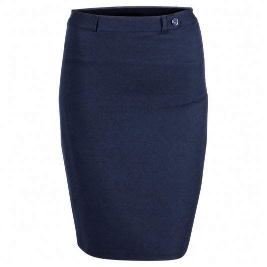 A navy blue knee-length pencil skirt with belt loops and a small button closure at the waistband, shown against a plain white background.