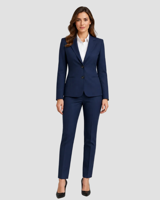 A woman modeling a navy blue two-piece suit with a white collared shirt and black heels, standing against a solid gray studio background.