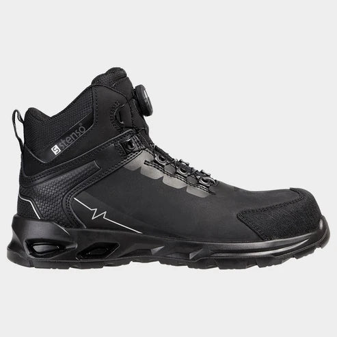 Black high-top boot with brand logo on a light gray background