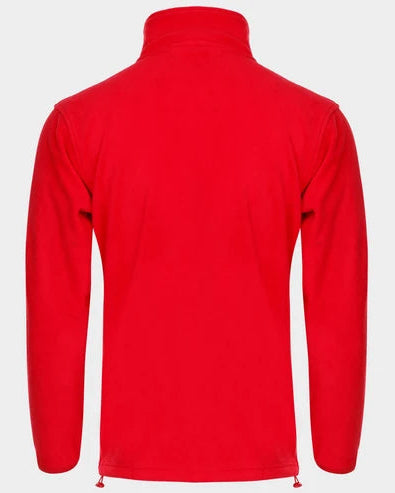 A bright red long-sleeve fleece pullover shown from the back, featuring a mock neck and drawstring ties at the hem, set against a plain light gray background.