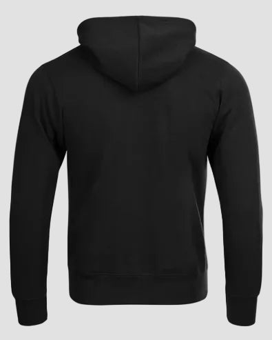 Black hoodie shown from the back on a light gray background