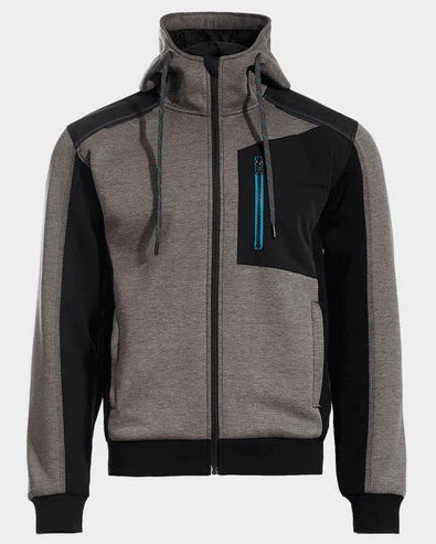 A men's colorblock zip-up hoodie jacket with a heather gray body, black shoulder and sleeve panels, and a black chest pocket featuring a bright blue accent zipper, shown against a light gray background.
