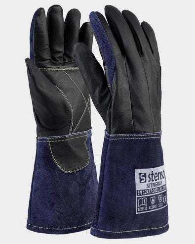 A pair of heavy-duty welding gloves shown against a light gray background. The gloves feature black leather palms and backs with a dark navy blue suede-like cuff and a white brand label on the right cuff.