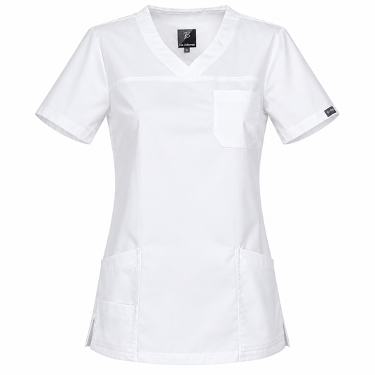 A white short-sleeve V-neck scrub top with a chest pocket and two lower front pockets, shown on a plain white background.