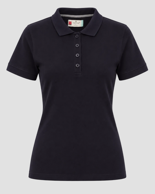A women's short-sleeve polo shirt in solid black, featuring a classic collar, three-button placket, and a fitted silhouette, shown against a light gray background.