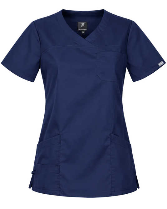 A women's short-sleeve scrub top in solid navy blue, featuring a V-neckline, a chest pocket, and two lower front pockets, shown against a plain white background.