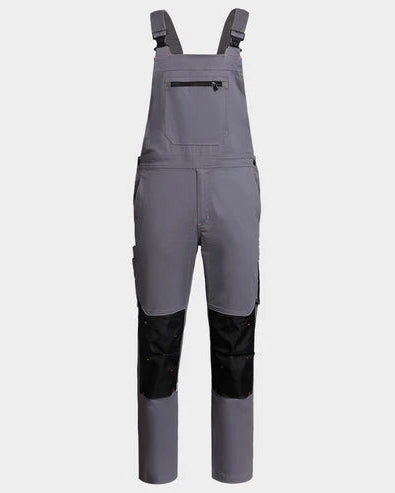 Gray work overalls with black patches on a light gray background