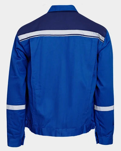 Blue jacket with reflective stripes on a white background