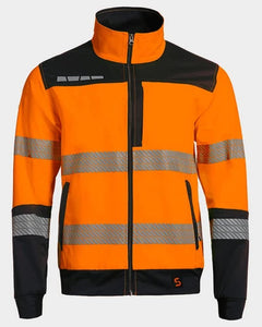 Orange safety jacket with reflective stripes on a gray background