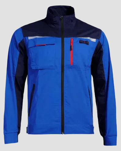 Blue and black jacket with red accents on a light gray background