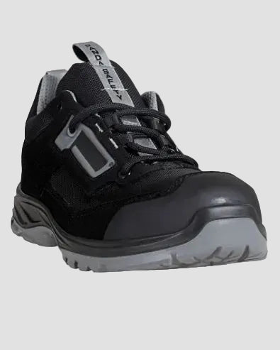 Black safety shoe with gray sole on a light gray background