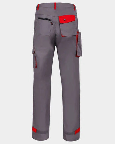 Gray work pants with red accents on a light gray background