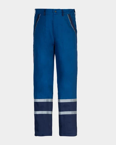 Blue work pants with reflective stripes on a light gray background