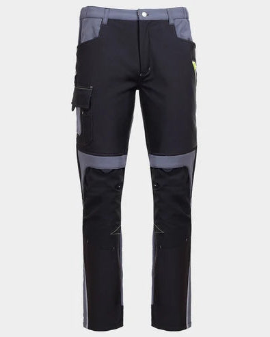Black and gray work pants with cargo pockets and reinforced knee panels, shown against a light gray background.