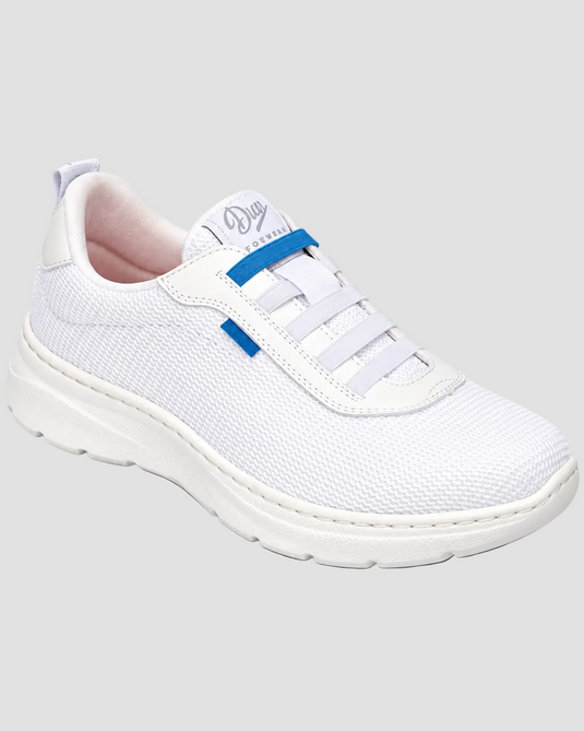 A white slip-on mesh sneaker with white laces, a blue accent strap, and a white sole, shown on a neutral gray background.