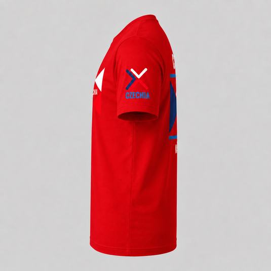 Side view of red Czechia fan T-shirt with sleeve graphic