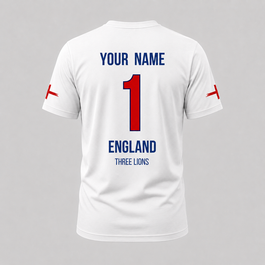 England football fan t-shirt with custom name and number design and Three Lions text