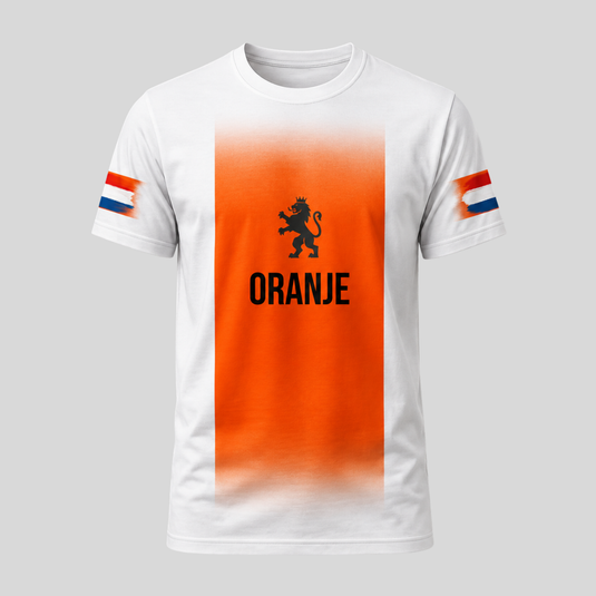 Netherlands fan T-shirt in white with bold orange Oranje football-inspired front graphic and Dutch flag sleeve detail