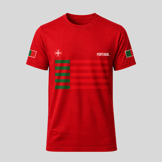 Portugal fan T-shirt in red with football-inspired front graphic and Portuguese flag sleeve detail