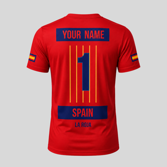 Red sports jersey with customizable text on a gray background