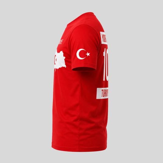 Türkiye Fan T-Shirt side view with crescent and star sleeve detail and red fan design