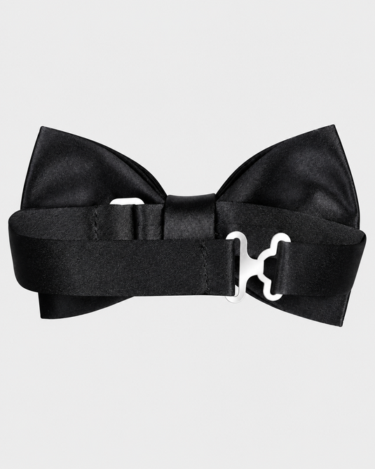A black satin bow tie with a silver metal butterfly-style tie clip, shown against a light gray background.