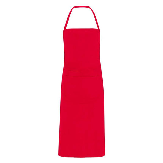 Long red apron for kitchen, restaurant, and trade use, durable and stylish, perfect for chefs, waitstaff, and professionals.