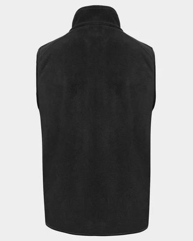 Black sleeveless fleece vest with a mock neck collar, shown from the back on a light gray background.