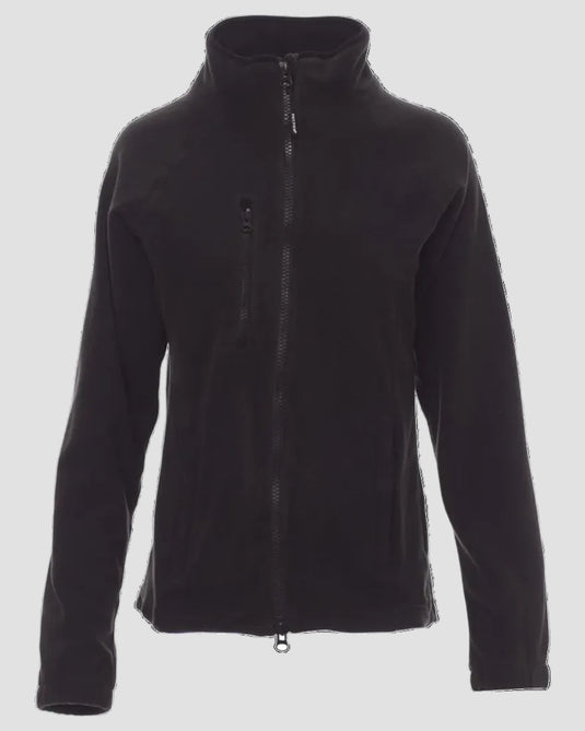 A black long-sleeve zip-up fleece jacket with a stand-up collar and a vertical zippered chest pocket, shown on a plain white background.