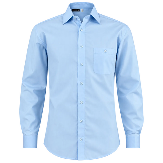 A light blue long-sleeve button-down dress shirt with a single chest pocket, shown on a clean white background.