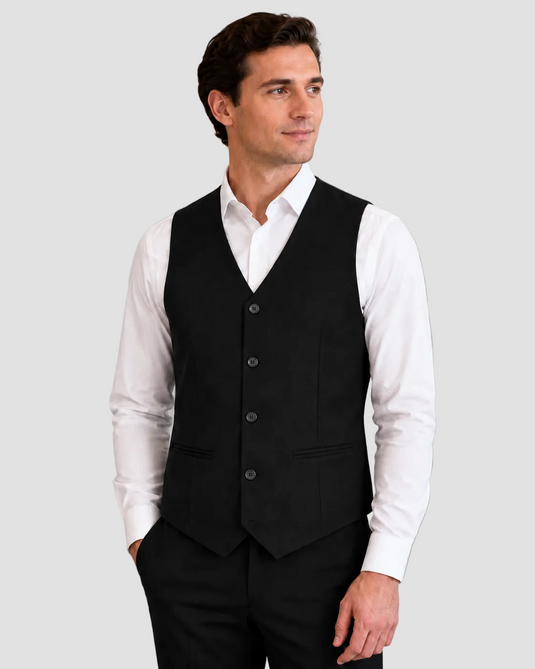 A man wearing a black waistcoat over a white dress shirt and black trousers, standing against a solid gray studio background.