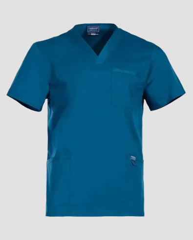 A teal blue V-neck scrub top with short sleeves, a chest pocket, and two lower front pockets, shown on a light gray background.