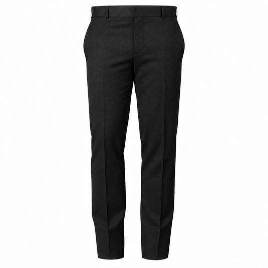 Black slim-fit dress pants shown from the front on a plain white background.