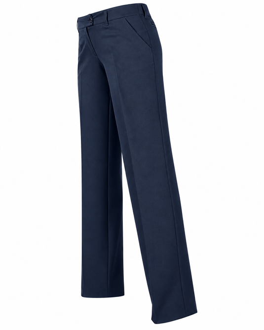 A pair of navy blue straight-leg dress pants shown from a three-quarters angle on a solid white background.